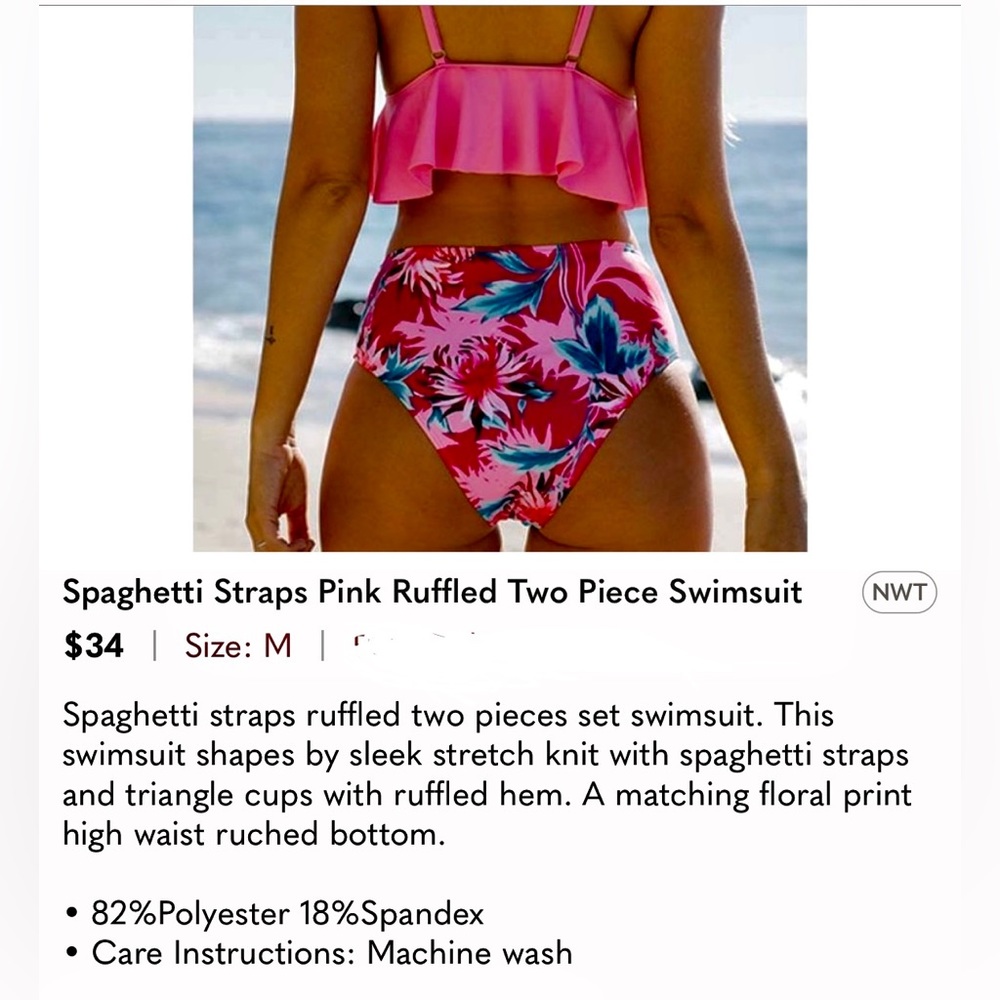 Spaghetti Straps Pink Ruffled Two Piece Swimsuit - Picture 5 of 5